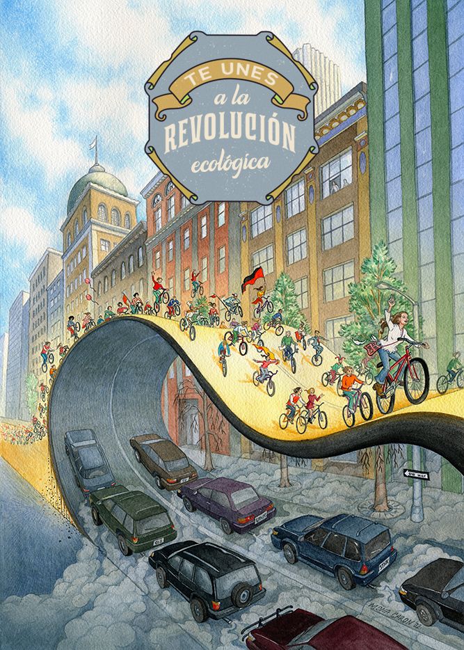 Imagen de una carretera tomada por ciclistas donde les ganan terreno a los coches. Con el mensaje "te unes a la revolución ecológica".