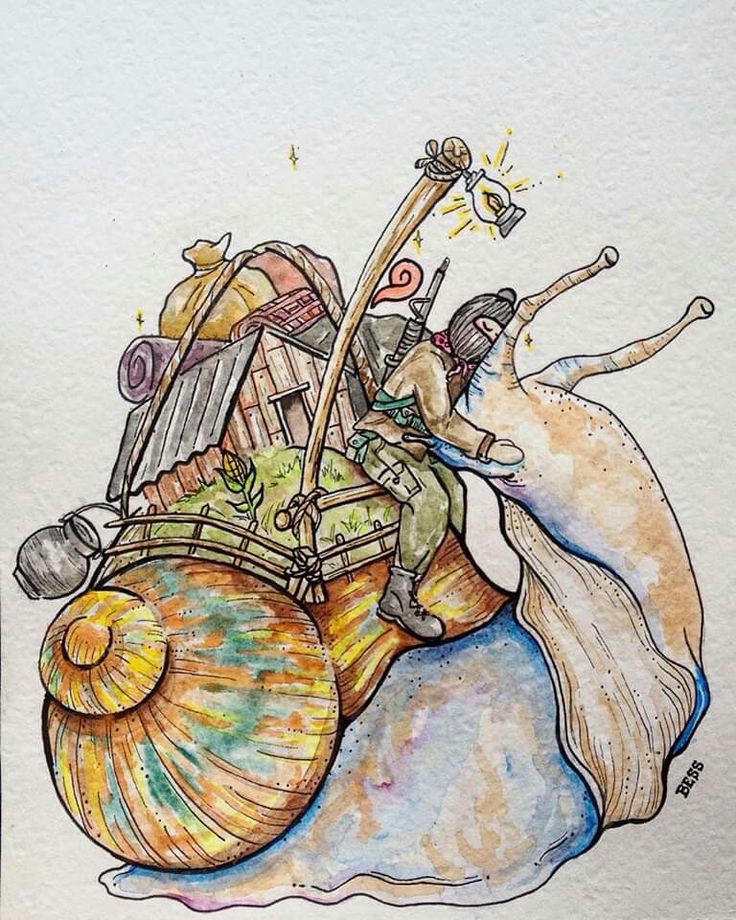 Una casa con jardín encima de la concha de un caracol, con una persona abrazando su cabeza. Símbolo del decrecimiento.