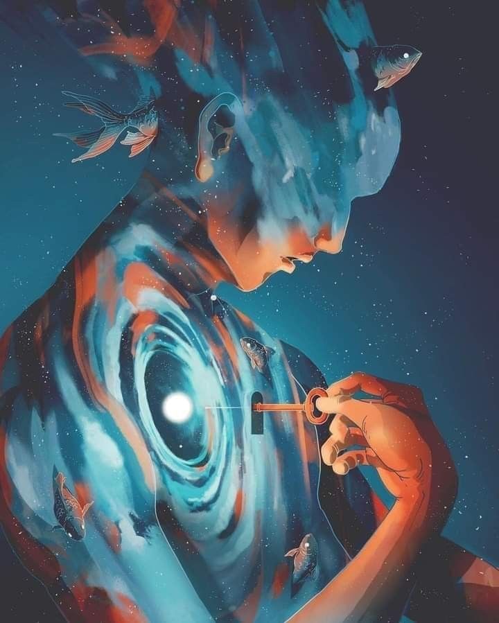Persona con una llave en la mano apuntando hacia el centro de su pecho, donde hay una bola de luz blanca rodeada de círculos como el universo.